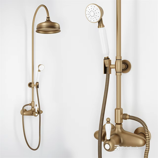 Vintage Brass Shower Faucet Set With Rain Shower Head And Handheld Hose 3d model 