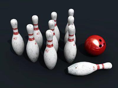 Bowling Sports Equipment Featuring Standing And Fallen White Red Striped Pins With Red Ball 3d model