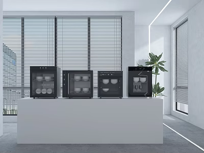 Modern Kitchen With White Countertop Four Black Kitchen Appliances Blinds Green Plant And City View 3d model
