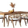 Wooden Dining Table Set With Four Rattan Backrest Chairs Gray Cushions And Fruit Basket