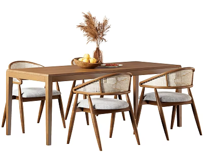 Wooden Dining Table Set With Four Rattan Backrest Chairs Gray Cushions And Fruit Basket 3d model