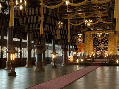 Ancient Architecture Interior With Wooden Beams Stone Columns Traditional Lanterns And Red Carpet 3d model