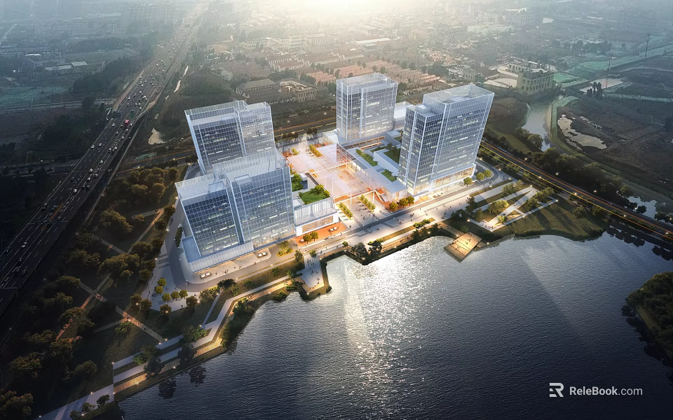 Modern Commercial Complex With Tall Buildings Central Plaza And Waterfront View 3d model 