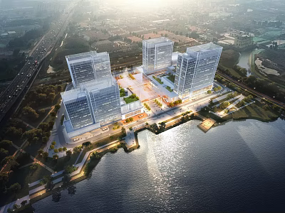 Modern Commercial Complex With Tall Buildings Central Plaza And Waterfront View 3d model