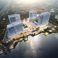 Modern Commercial Complex With Tall Buildings Central Plaza And Waterfront View