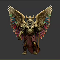 Golden Mythical Creature Sculpture Carving With Colorful Feathered Wings Lion Head Bull Horns And Scepter
