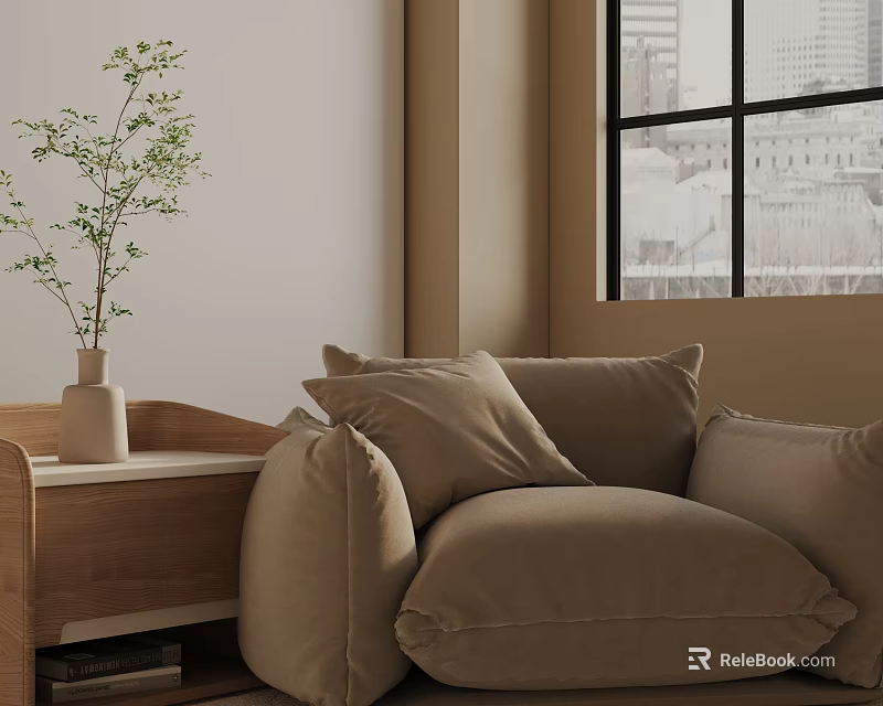 Cozy Beige Accent Chair Featuring Plush Cushions Wooden Side Table and City View Through Window 3d model 