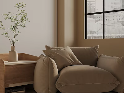 Cozy Beige Accent Chair Featuring Plush Cushions Wooden Side Table and City View Through Window 3d model