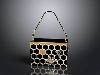 Fashionable Black and Gold Handbag With Honeycomb Pattern And Bee Decorations 3d model