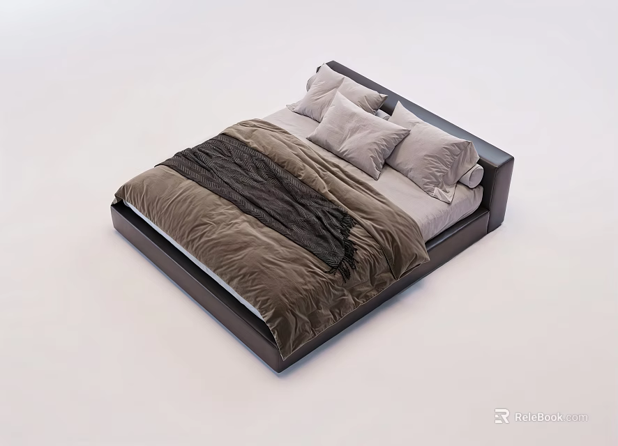 Modern Double Bed With Dark Headboard Brown Comforter And Gray Pillows 3d model 