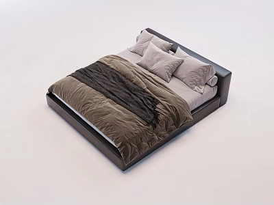 Modern Double Bed With Dark Headboard Brown Comforter And Gray Pillows 3d model