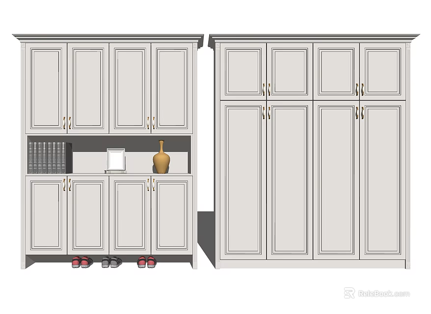 White Modern Shoe Cabinet With Upper Lower Compartments And Multiple Doors 3d model