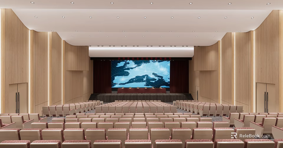 Modern Auditorium Interior With Rows Of Seats Large Screen Map Wooden Walls And Ceiling Lights 3d model 