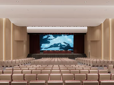 Modern Auditorium Interior With Rows Of Seats Large Screen Map Wooden Walls And Ceiling Lights 3d model