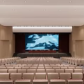 Modern Auditorium Interior With Rows Of Seats Large Screen Map Wooden Walls And Ceiling Lights