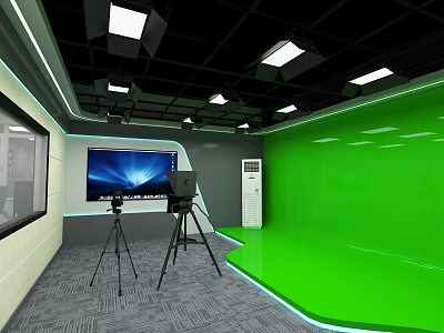 School Multimedia Studio With Green Screen Cameras Tripods Large Display And Lighting Setup 3d model