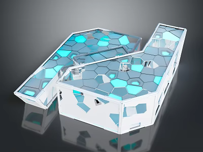 Cartoon Scene of Modern Geometric Structure with Blue White Hexagonal Patterns and Transparent Reflective Surface 3d model