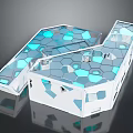 Cartoon Scene of Modern Geometric Structure with Blue White Hexagonal Patterns and Transparent Reflective Surface