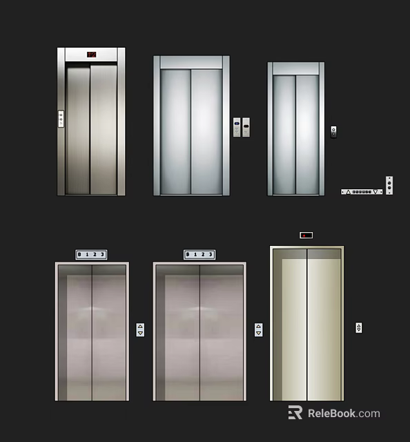 Various Modern Elevator Door Designs With Different Colors And Control Panels 3d model 
