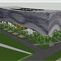Modern Architectural Building With Curved Facade And Skylight In Landscaped Urban Area
