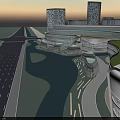 Modern Urban Commercial Complex Featuring Curved Glass Facade Green Roof And Water Feature
