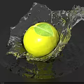 Stylish Decorative Ornament Set Featuring Green Apple Water Splash and Green Leaf on Black Background