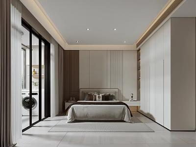 Elegant Modern Bedroom Interior With Large Windows Wardrobe Bed Rug And Minimalist Design 3d model