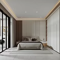 Elegant Modern Bedroom Interior With Large Windows Wardrobe Bed Rug And Minimalist Design