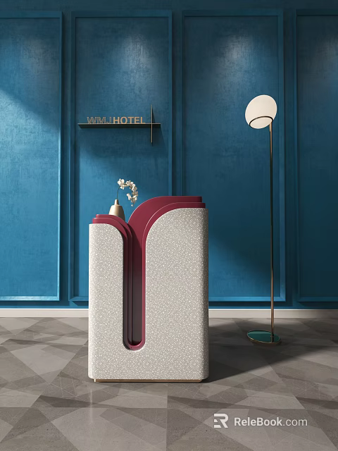 Red And White W&M Hotel Reception Desk With Blue Wall Floor Lamp And Flower Decor 3d model 