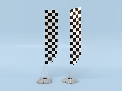 Two Black And White Checkered Flags With Metal Stands On Blue Background 3d model