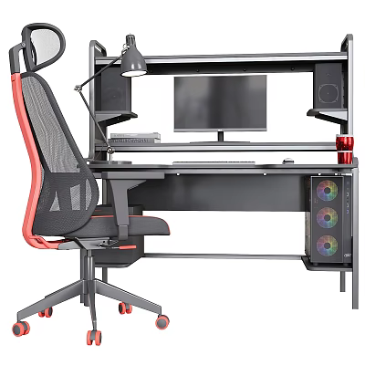 Modern Gaming Office Desk Setup With Ergonomic Mesh Chair Monitor And RGB PC Case 3d model