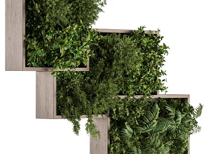 Wall Mounted Decorative Ornament Combination With Wooden Frames And Lush Green Plants 3d model
