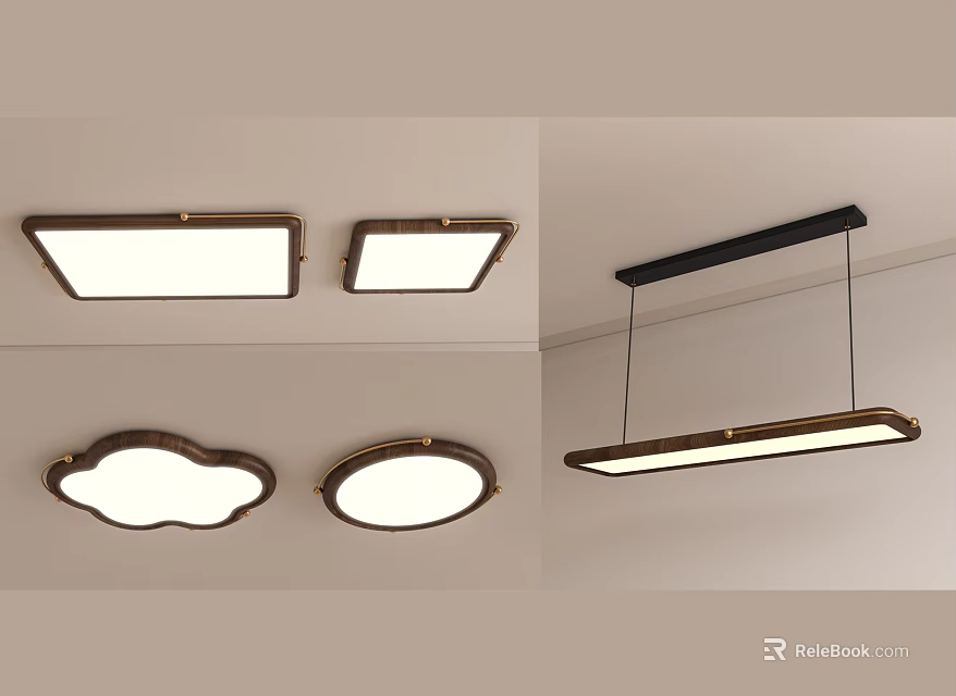 Cloud Square Round Shaped Ceiling Lights With Wooden Black Frames And Bright Glow 3d model 