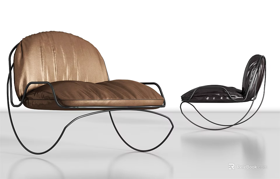 Contemporary Brown And Black Leather Leisure Chair With Curved Metal Wire Frame Design 3d model 