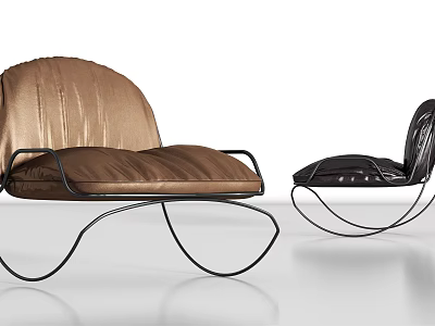 Contemporary Brown And Black Leather Leisure Chair With Curved Metal Wire Frame Design 3d model