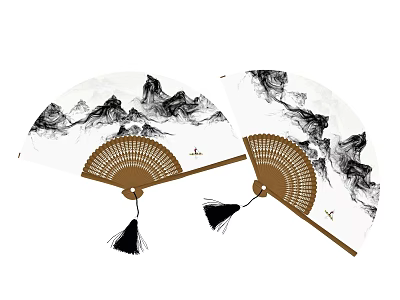 Chinese Ink Landscape Fans Hanging Decor with Brown Handle and Black Tassel 3d model