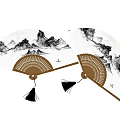 Chinese Ink Landscape Fans Hanging Decor with Brown Handle and Black Tassel