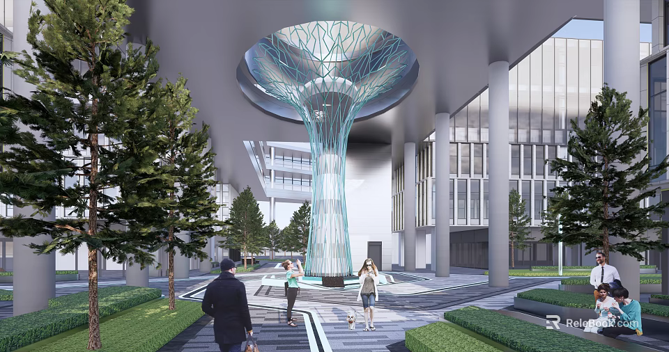Modern Open Architectural Area With Tree Like Sculpture And Pedestrians 3d model 