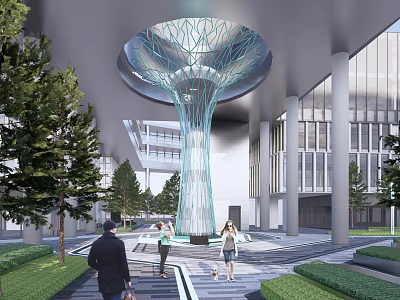 Modern Open Architectural Area With Tree Like Sculpture And Pedestrians 3d model