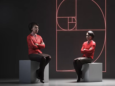 Two Women Wearing Red Blouses Sitting On Gray Cubes With Red Geometric Design 3d model