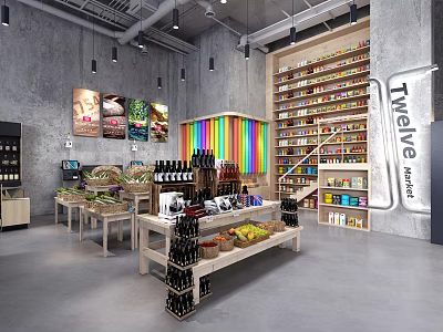Twelve Mart Grocery Store With Colorful Decor Wooden Shelves And Fresh Produce 3d model