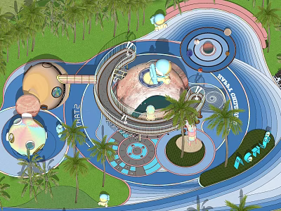 Vibrant Water Park Layout Featuring Palm Trees Slides And Colorful Structures 3d model