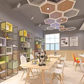 Modern Public Office Space With Wooden Tables White Chairs Digital Screen And Creative Wall Design