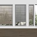 Modern Interior With Wooden Floor And Three Windows Fitted With Blinds Overlooking Outdoor Greenery