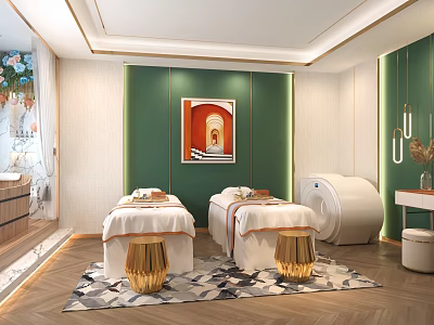 Luxurious SPA Sauna Interior Design With Treatment Beds Green Walls And Decorative Artwork 3d model