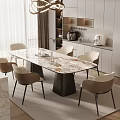 Modern Elegant Restaurant Dining Area With Marble Table Beige Chairs Geometric Chandelier And Wooden Floor