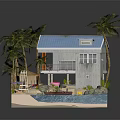 Cartoon Scene Featuring Blue Roofed Cottage Palm Trees Small Boat And Sand On Beach