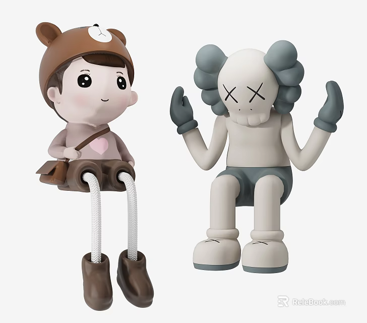 Cute Boy and Kaws Style Figure Decorative Ornament Set with Brown Hat XX Eyes 3d model 