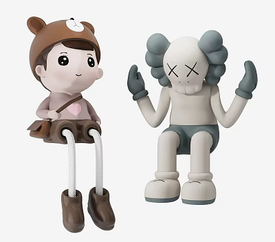 Cute Boy and Kaws Style Figure Decorative Ornament Set with Brown Hat XX Eyes 3d model