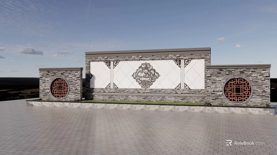 Chinese Scenic Wall With Traditional Decorative Pattern And Circular Lattice Design 3d model